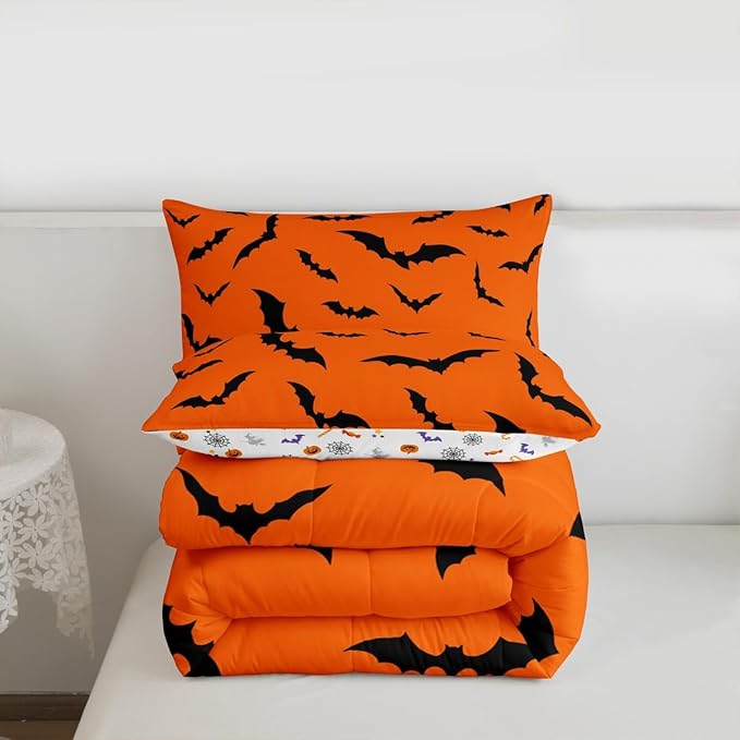 Erosebridal Halloween Comforter Set Gothic Bats Bedding Set King Size,Spooky Silhouette Bat Quilt for Kids Boys Girls Adults Flying Mysterious Animals Down Comforter,Horror Spooky Home Decor