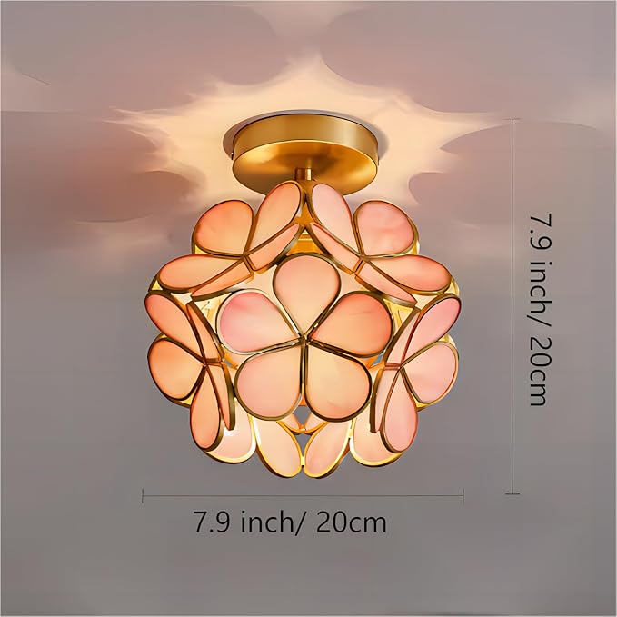 7.9 Inch Petal Ceiling Light, Tiffany Style Metal and Glass Close to Ceiling Light Fixture with E27 Base for Hallway, Entryway, Bedroom - Pink