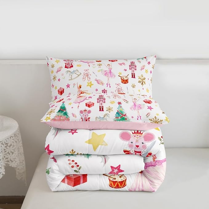 Feelyou Pink Christmas Kids Comforter Set Full Size Ballet Nutcracker Bedding Set Snowflake Duvet Quilt for Kids Boys Girls Bedroom Decor Microfiber Ultra Soft Breathable