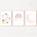 LUHDFYS Pink Moon and Stars Canvas Wall Art Print,Modern Cute Rainbow Picture,Unframed Children's Room Decor