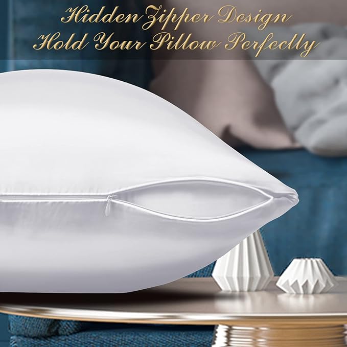 100% Mulberry Silk Pillowcase 2 Pack for Hair and Skin,with Hidden Zipper,Both Sides 22 Momme Natural Silk Pillow Cover,Soft Breathable & Smooth (White, Queen)