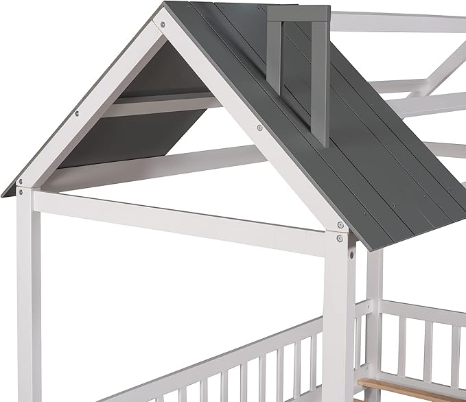 Bellemave Twin House BedFrame with Roof, Montessori Floor Bed, House Bed with Rails for Kids, White+Gray