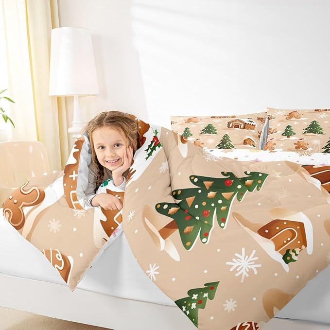 Feelyou Christmas Bedding Set Soft for Boys Girls, Gingerbread Man Comforter Set Twin Size Snowflake Duvet Quilt Microfiber Xmas Tree Bedroom Decor 2 Pcs with 1 Pillow Cases