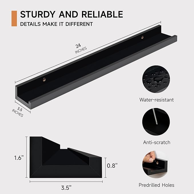 Fun Memories Picture Ledge Shelf, 24 Inch Floating Shelves Set of 2, Nursery Book Shelves for Toys Storage, Kids Bookshelf Wall Mounted for Wall Decor Books Photo Frames, Black