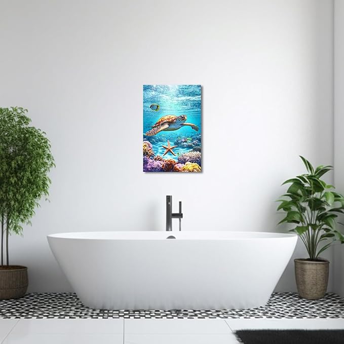 AWPANERAR Sea Turtle Wall Art Bathroom Pictures Watercolor Sea Life Canvas Prints Ocean Animal Poster Nautical Theme Artwork for Kids Room Nursery Decor Framed (Green, (18L x 12W))