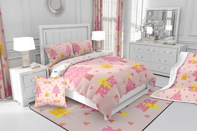 Erosebridal Merry Xmas Quilts Toddler Size Pink Christmas Tree Comforter Set Reversible Cartoon Style Bedding Set Happy New Year Duvet Insert for Boys Kids Bedroom Decor with 1 Pillow Case