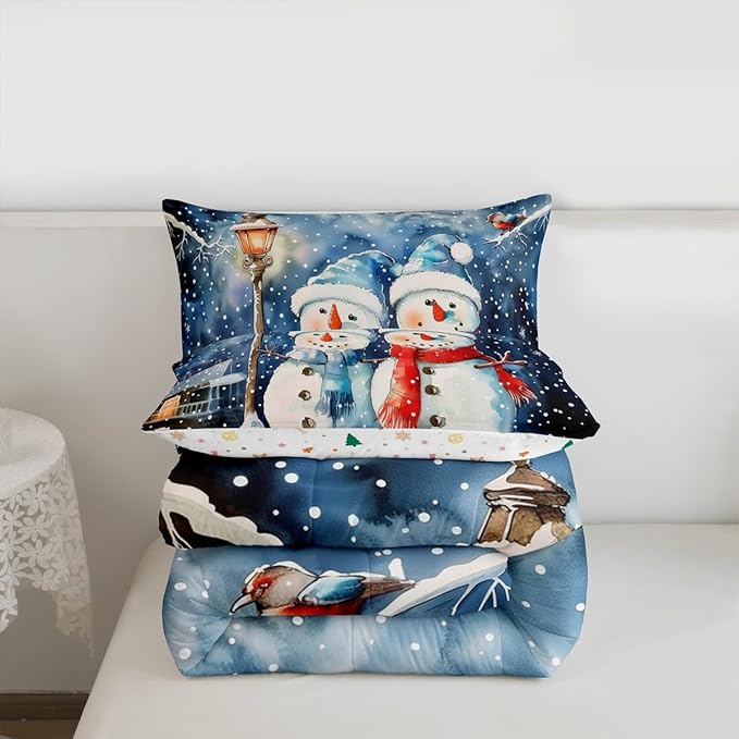 Feelyou Christmas Kids Comforter Set Full Size Blue Watercolor Snowman Bedding Set Xmas Winter Duvet Quilt for Kids Boys Girls Bedroom Snowflake Decor Microfiber Ultra Soft Breathable