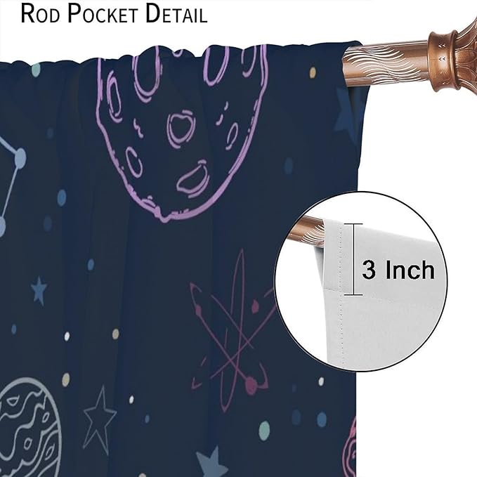 Navy Blue Space Curtains, Cartoon Outer Space Stars Planets Theme Galaxy Curtains for Kids Teens Bedroom Nursery Toddlers Room Decor 42" W X 45" L
