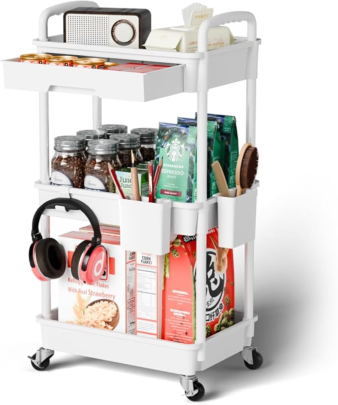 3 Tier Rolling Cart Organizer,Laundry Room Bathroom Organizers and Storage Office Shelves Mobile Shelving Unit Kitchen Trolley Cart with Wheels for Art,Craft,Diaper,Bedside,Snack(White)