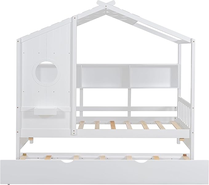 Twin Size House Bed with Trundle for Kids,Twin Kids Bed Frame with Storage Shelves,Wood House Bed Frame for Girls,Boys,Can be Decorated,White