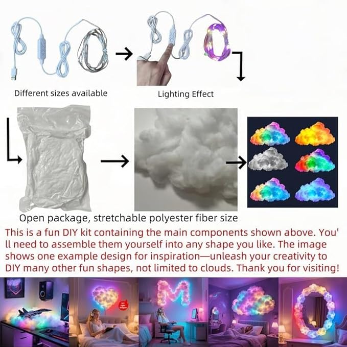 LED Cloud Light with Music Rhythm,DIY USB-Powered Thundercloud LED Light Decor for Bedroom & Gaming Room - USB Powered,Vibrant Glow, No Drill Roof for Christmas/New Year Gifts (19.6ft)