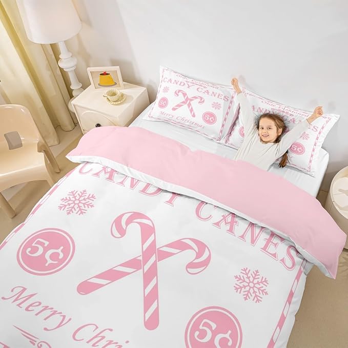 jejeloiu Christmas Bedding Set Twin Size Kids Christmas Quote Comforter Cover Set for Boys Girls Teens Candy Canes Print Duvet Cover Xmas Bedspread Cover Room Decorations Pink Quilt Cover