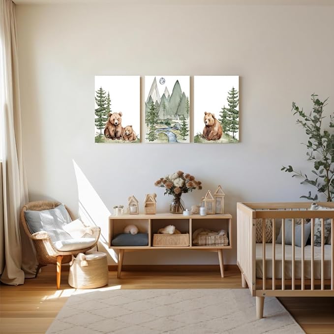 Baby Bear Nursery Wall Art, Cute Bears Wall Decor, Watercolor Green Mountain Forest Wall Art, Woodland Camping Nursery Decor Print, Nature Art for Boy Girl Toddler Bedroom, Framed Canvas, 16"x24"x3