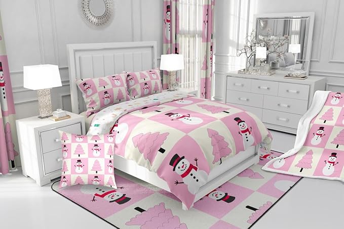 Feelyou Pink Christmas Kids Comforter Set Queen Size Snowman Bedding Set Xmas Tree Duvet Quilt for Kids Boys Girls Bedroom Decor Microfiber Ultra Soft Breathable