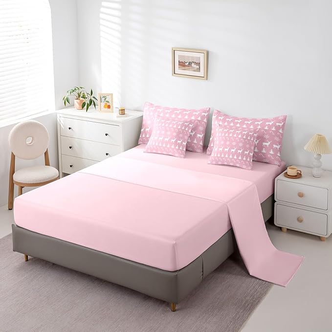 Erosebridal Christmas Queen Bedding Set 7 Piece,Xmas Elk Deer Bed in A Bag,Candy Snowflake Comforter Set Pine Tree Woodland Animals Sheet Set with Comforter,Pink Christmas Decoration
