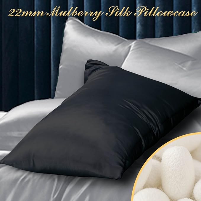 100% Mulberry Silk Pillowcase 2 Pack for Hair and Skin,with Hidden Zipper,Both Sides 22 Momme Natural Silk Pillow Cover,Soft Breathable & Smooth (Black, Queen)
