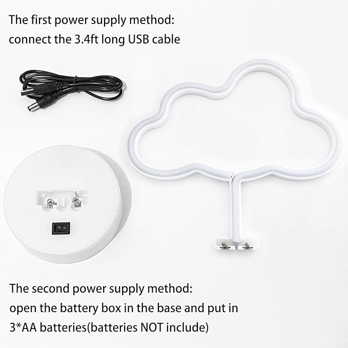 Cloud Neon Sign - White LED Cloud Light for Bedroom Decor, USB/Battery Powered, Aesthetic Neon Sign Lamp for Kids, Teens, Adults, Birthday Parties, Christmas