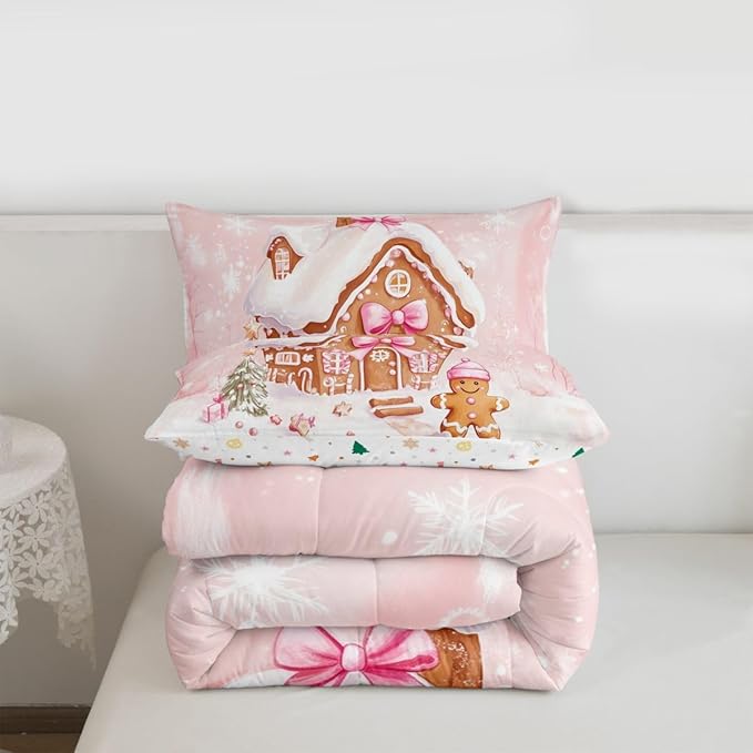 Feelyou Gingerbread House Kids Comforter Set Queen Size Gingerbread Man Bedding Set Christmas Tree Duvet Quilt for Kids Boys Girls Bedroom Pink Bow Decor Snowflake Microfiber Ultra Soft Breathable