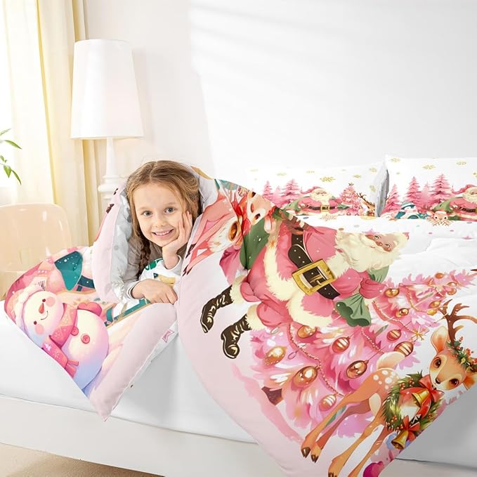 jejeloiu Merry Christmas Comforter Set Twin Size Santa Claus Bedding Set for Kids Boys Girls Cute Deer Duvet Quilt White Bedroom Decor