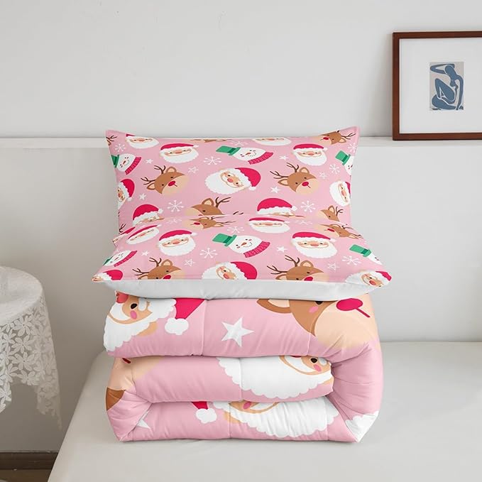 Cartoon Santa Claus Kids Comforter Set King Size,Cute Snowman Deer Xmas Bedding Set,Boys Girls Adults Room Decor,Merry Christmas Snowflake Down Comforter,Pink Romantic Duvet Insert,2 Pillowcases