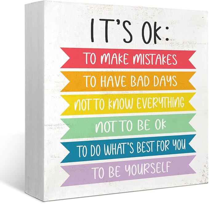 Mtrgdn Therapy It's OK not to Be OK Wood Box Sign Desk Decor Inspirational Quotes Wooden Box Block Sign Decorations for Home Bedroom Classroom Wall Tabletop Desk Decor