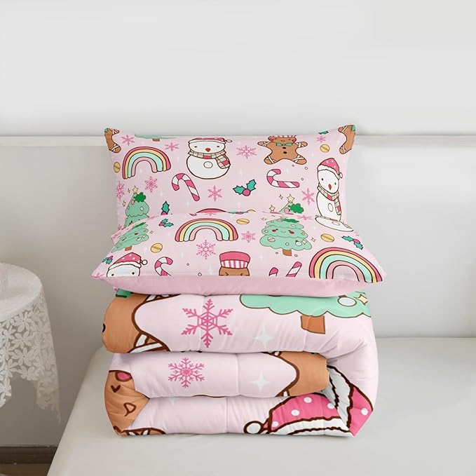 Feelyou Christmas Kids Comforter Set Full Size Merry Christmas Tree and Snowman Bedding Set Gingerbread Man Duvet Quilt for Kids Boys Girls Bedroom Rainbow Print Decor Snowflake Ultra Soft Breathable