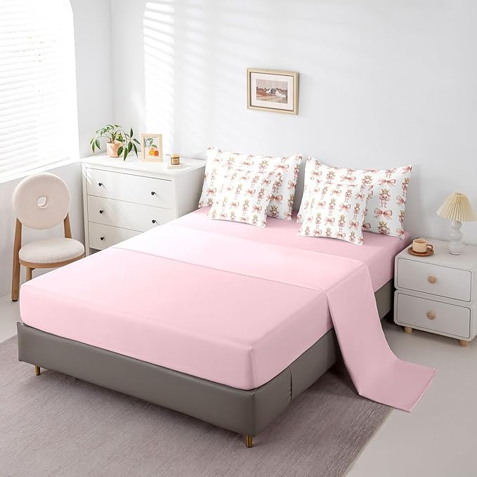 7 Pieces Cartoon Nutcracker Kids Comforter Set King,Pink Bowknot Romantic Princess Bedding Set,Ballet Merry Christmas Bow Tie Dreamy（Comforter+Fitted+Flat Sheet+2 Pillowcases+2 Throw Pillow Covers）