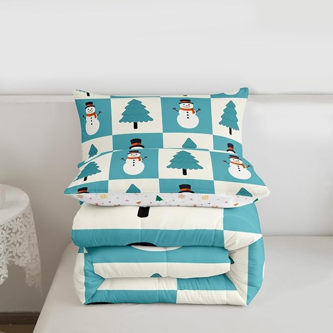 Feelyou Merry Christmas Comforter Set All Season Snowman Bedding Set with 1 Pillow Cases Xmas Tree Microfiber Kids Toddler Bedclothes Bedroom Decor Duvet Quilt Breathable Soft Lightweight