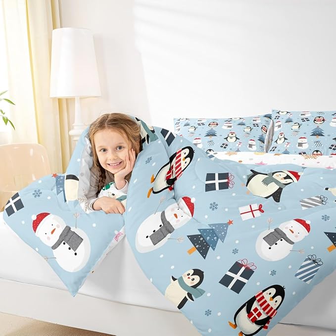 Feelyou Merry Christmas Bedding Set Soft for Boys Girls, Penguin Comforter Set Queen Size Xmas Tree Snowman Duvet Quilt Microfiber Gift Snowflake Bedroom Decor 3 Pcs with 2 Pillow Cases