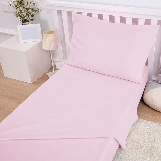 PLAIN PRINTED LINEN 3-Piece Toddler Sheet Set, 100% Cotton Fitted Sheet, Flat Sheet and Envelope Pillowcase, Toddler Bed Set, Mini Crib Sheets (Pink Solid)