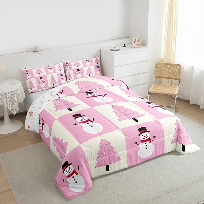 Feelyou Pink Christmas Kids Comforter Set Toddler Size Snowman Bedding Set Xmas Tree Duvet Quilt for Kids Boys Girls Bedroom Decor Microfiber Ultra Soft Breathable