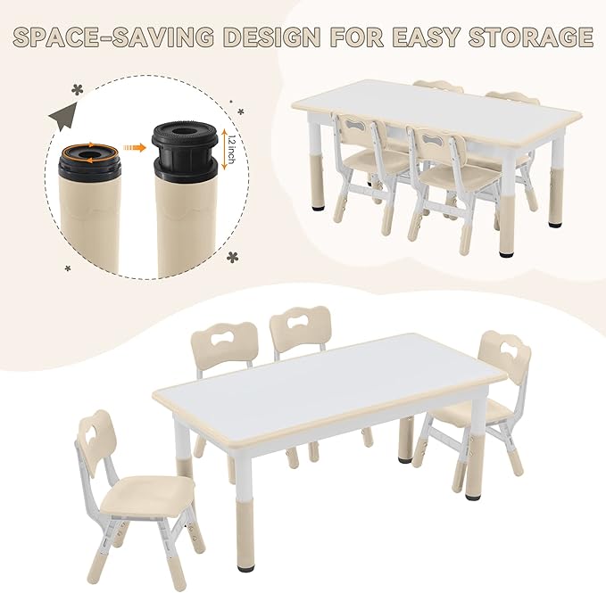 Kids Study Table and Chairs Set, Height Adjustable Toddler Table and Chair Set for Kids Ages 3-8, Graffiti Desktop (Burlywood - 1)