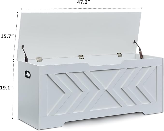 47.2” Storage Bench,Extra Large Wooden Storage Chest with 2 Safety Hinges,entryway Bench,Blanket Storage,Shoe Storage Bench for Entryway,Bedroom,Living Room,Easy Assembly-White