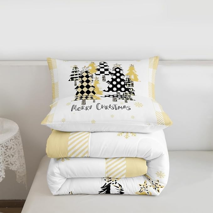 Manfei Xmas Tree Comforter Set Full Size, Yellow Plaid Grid Snowflake Down Comforter with 2 Pillowcases, Christmas Theme Bedding Set 3pcs for Kids Girls Adults Room Decor New Year Duvet Insert
