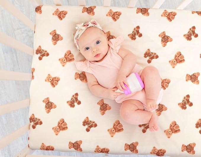 Fitted Baby Neutral Crib Sheets Bear and Buffalo Check Plaid Breathable Unisex Baby Standard Crib Sheet Set for Boys or Girls