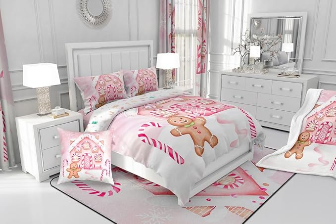 Feelyou Gingerbread Man Comforter Set Twin Size Gingerbread House Bedding Set for Kids Boys Girls Candy Canes Duvet Quilt Pink Christmas Scheme Bedroom Decor Snowflake 2 Pcs with 1 Pillow Cases