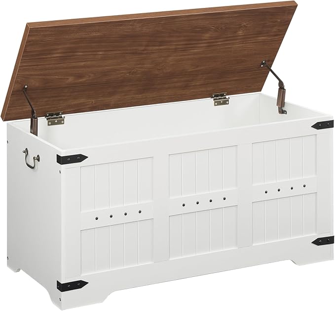 HOOBRO Toy Box, Storage Bench with Safety Hinges, Wooden Toy Chest, 39.4" Farmhouse Storage Chest, for Entryway, Bedroom, Living Room, White and Walnut WH507CW01