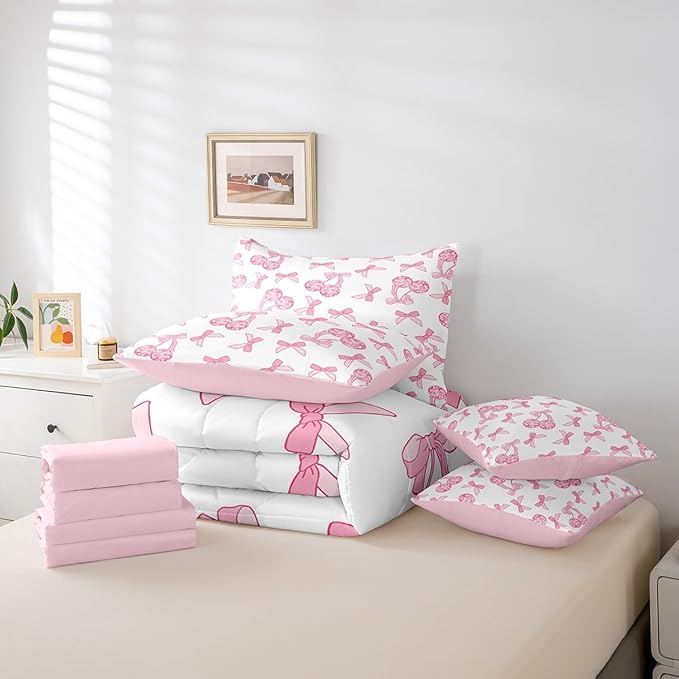 7 Pieces Cartoon Bowknot Kids Comforter Set Queen,Western Cowgirl Disco Ball Retro Bedding Set,Bow Tie Cute Princess Pink Romantic（Comforter+Fitted+Flat Sheet+2 Pillowcases+2 Throw Pillow Covers）
