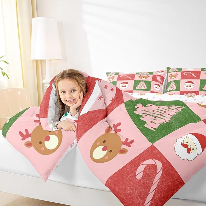 Feelyou Merry Christmas Bedding Set Soft for Boys Girls, Xmas Tree Santa Claus Comforter Set Full Size Candy Cane Deer Duvet Quilt Microfiber Patchwork Bedroom Decor 3 Pcs with 2 Pillow Cases