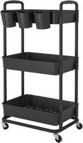 JIUYOTREE 3-Tier Plastic Rolling Storage Cart Utility Cart with Extra Hanging Cups Handles Lockable Wheels for Living Room Bathroom Kitchen Office Black