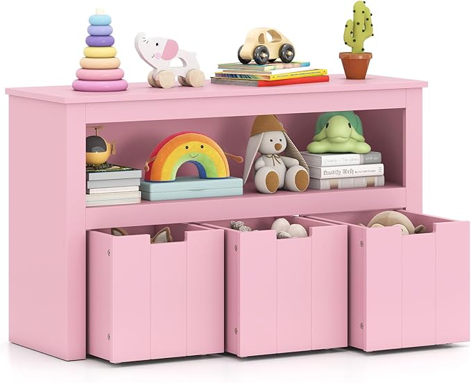 Costzon Toy Storage Cabinet, Toy Chest w/ 3 Removable Drawers, Wheels & Spacious Tabletop, Toddler Storage Organizer for Kids Room, Playroom & Nursery (Pink, 13" D x 40" W x 24.5" H (3 Drawers))