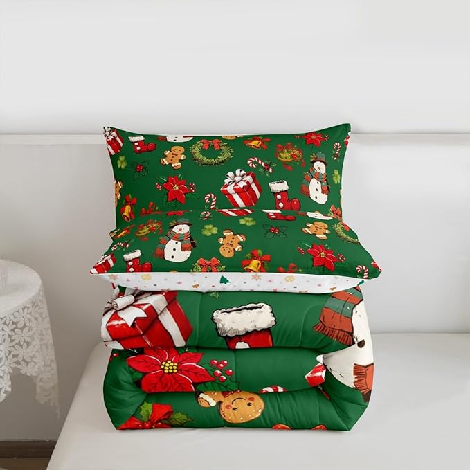 jejeloiu Merry Christmas Comforter Set King Size Cute Snowman Bedding Set for Kids Boys Girls Gingerbread Man Duvet Quilt Green Bedroom Decor
