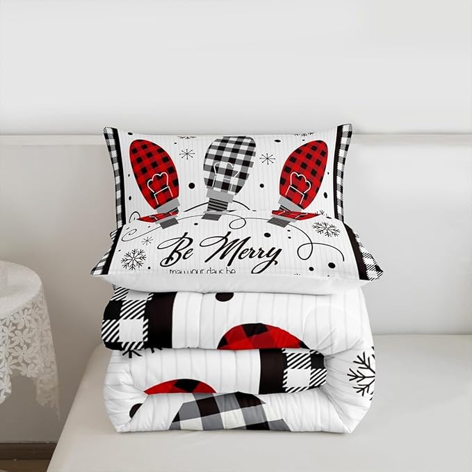 Merry Christmas Kids Comforter Set King Size,Geometric Grids Stylish Bedding,Girls Boys Adults Bedroom/Xmas Cabin Decor,Snowflake Bells Down Comforter,Rustic Farmhouse Duvet Insert,2 Pillowcases
