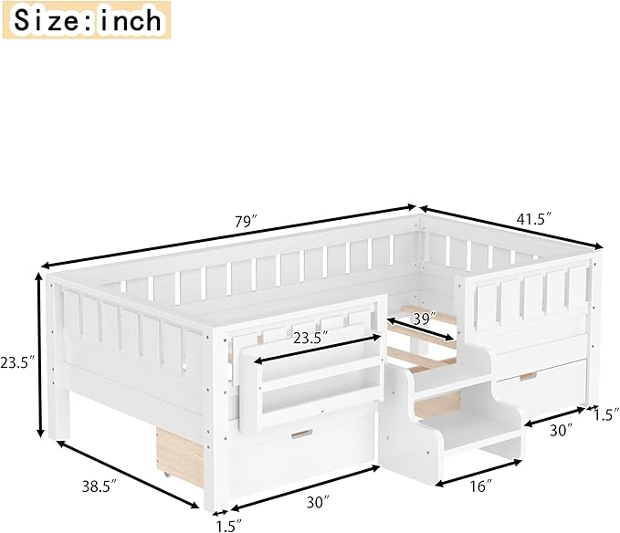Bellemave Twin Bed with Slats and Stairs, Twin Size Platform Bed Frame with Fence, Bookshelf and Storage Drawers, Easy Assemble Beds for Kids, Girls, Boys, White