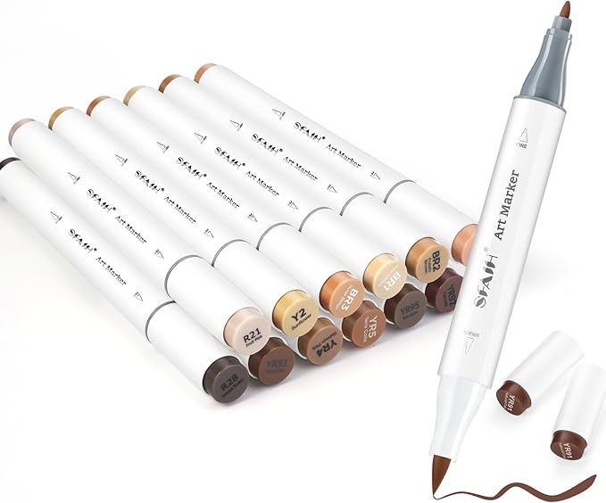 SFAIH Skin Tone Alcohol Markers Brush & Fine - 12 Dark Portrait Colors, Blendable & Refillable Permanent Art Markers for Adults/Teen/Artists/Creators & Illustrators