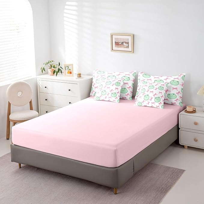 7 Pieces Pink Bowknot Comforter Set Twin,Cartoon Frog Bow Tie Butterfly Knot Princess Bedding Set,Geometric Patchwork Cute Sweet（Comforter+Fitted+Flat Sheet+2 Pillowcases+2 Throw Pillow Covers）