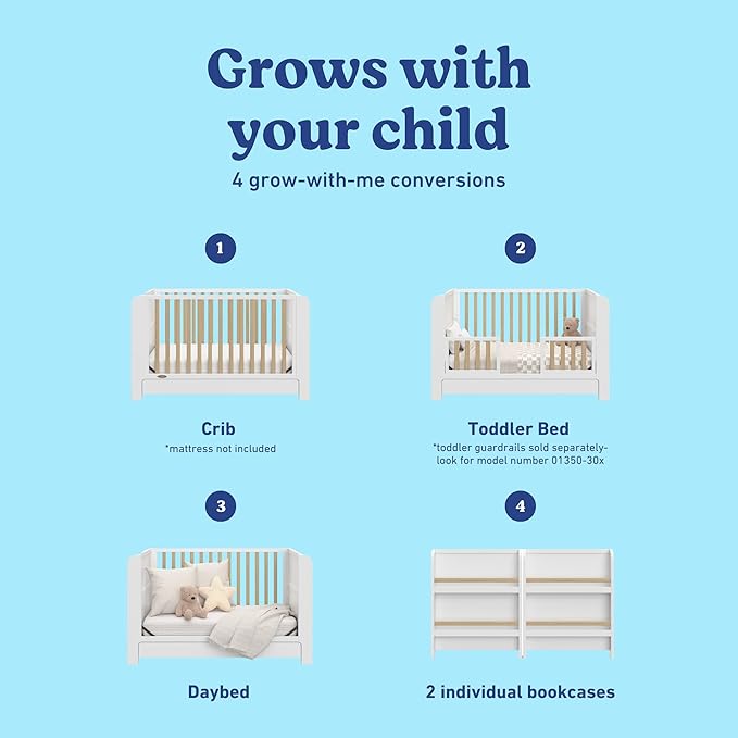 Graco Read-with-Me 4-in-1 Convertible Crib with Drawer (White with Driftwood) - GREENGUARD Gold Certified Converts to Toddler Bed, Daybed, and Functional Bookshelves