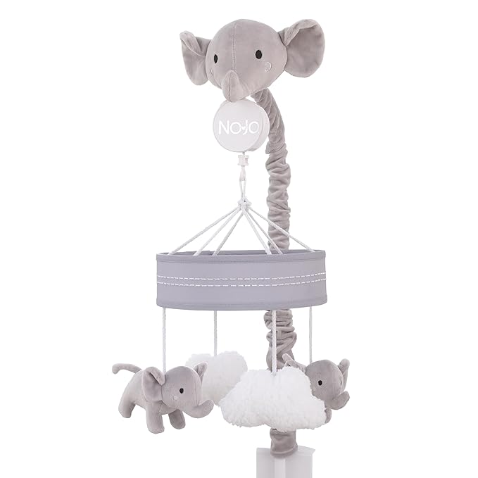 NoJo Plush Elephant Gray and White Puffy Clouds Musical Mobile