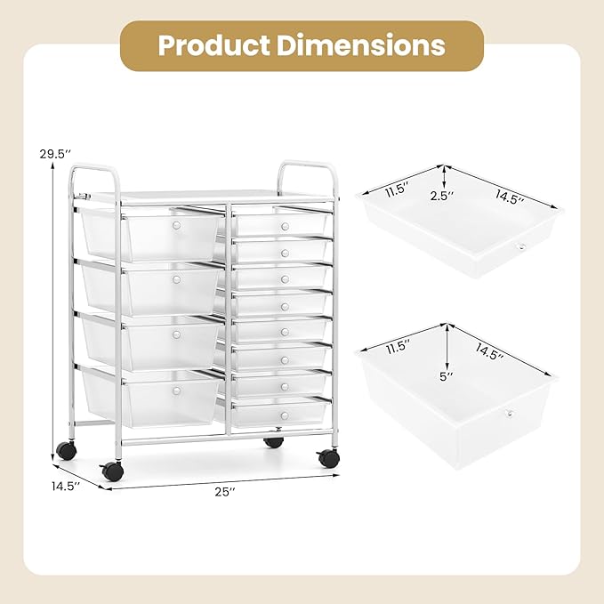 RELAX4LIFE 12-Drawer Rolling Storage Cart - Mobile Utility Drawer Carts with Wheels, Craft Organizers Cart for Organization and Storage, Classroom, School, Office, Home