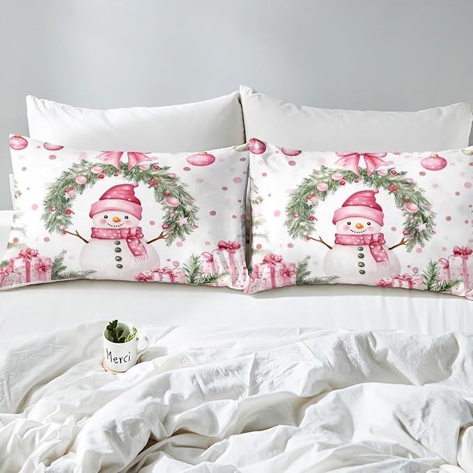 Manfei Christmas Kids Duvet Cover Set Twin Size, Cute Snowman Holly Leaf Bedding Set for Boys Girls Adult, Pink Bowknot Xmas Comforter Cover, Lightweight Bedspread Cover, 1 Pillowcase, No Comforter